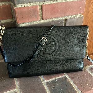 Tory Burch, Bombe Foldover Clutch/Purse, Black Leather. Excellent condition.